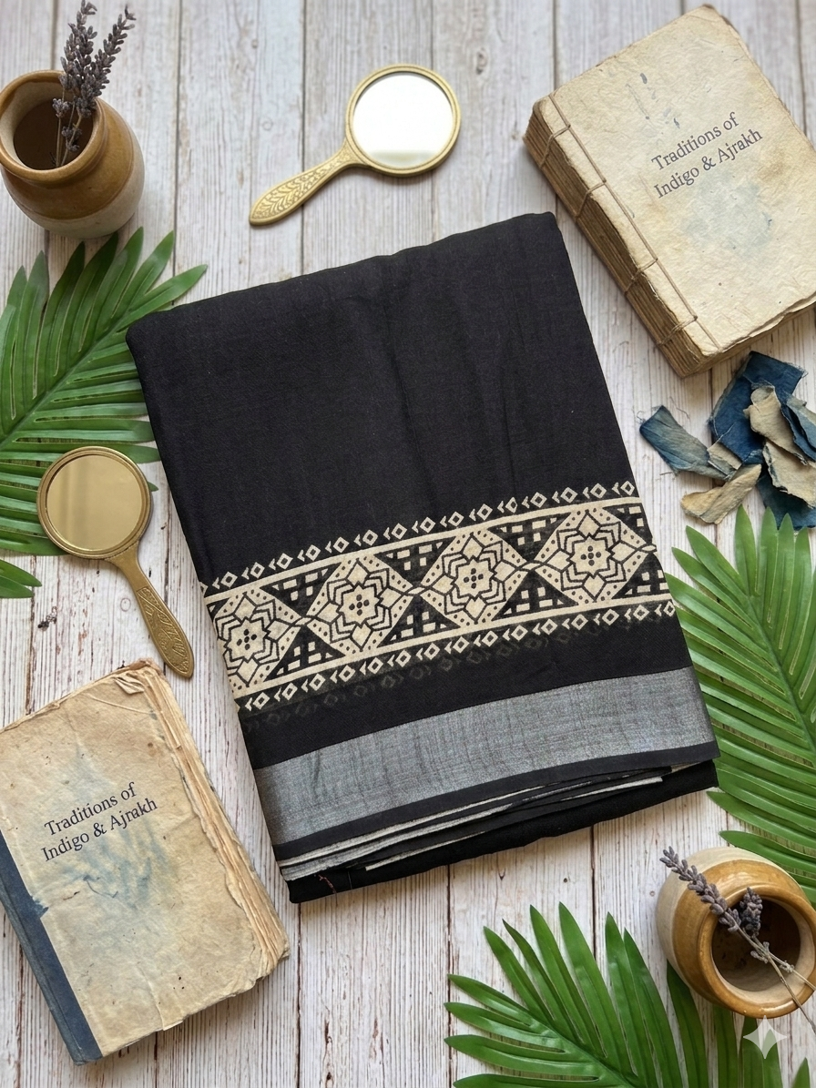 Black linen cotton saree