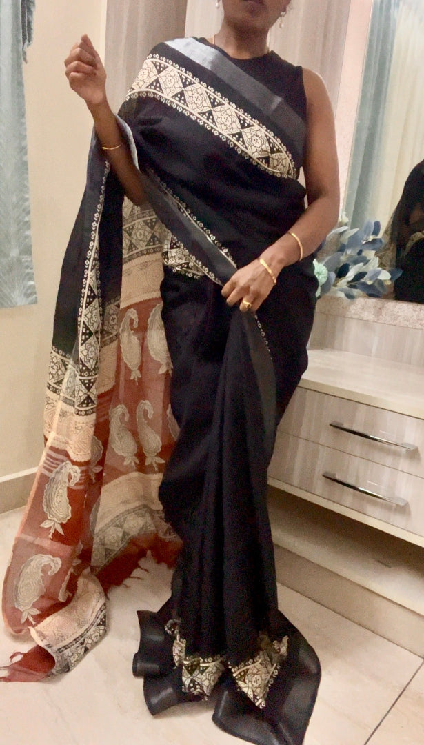 Black linen cotton saree