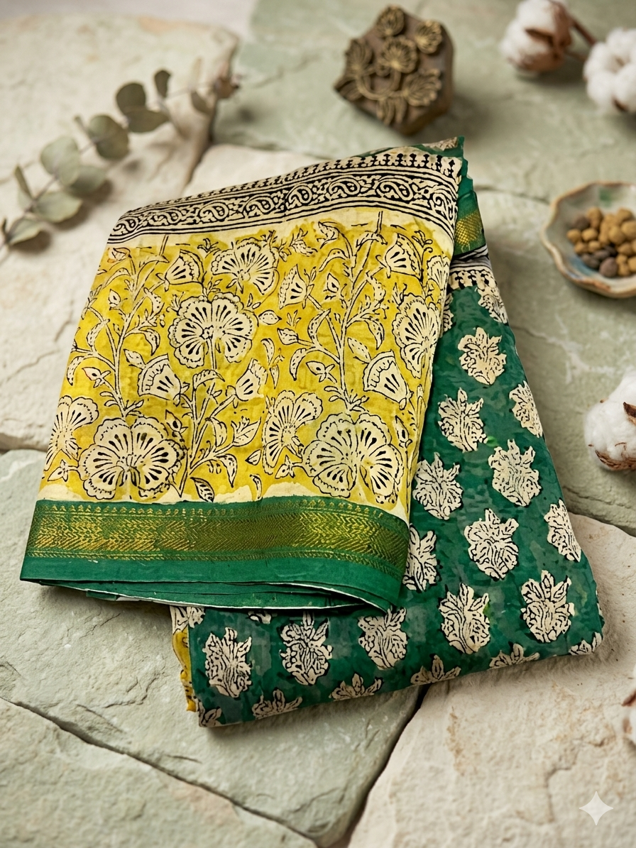 Mayuri - yellow green Maheshwari silk cotton sarees