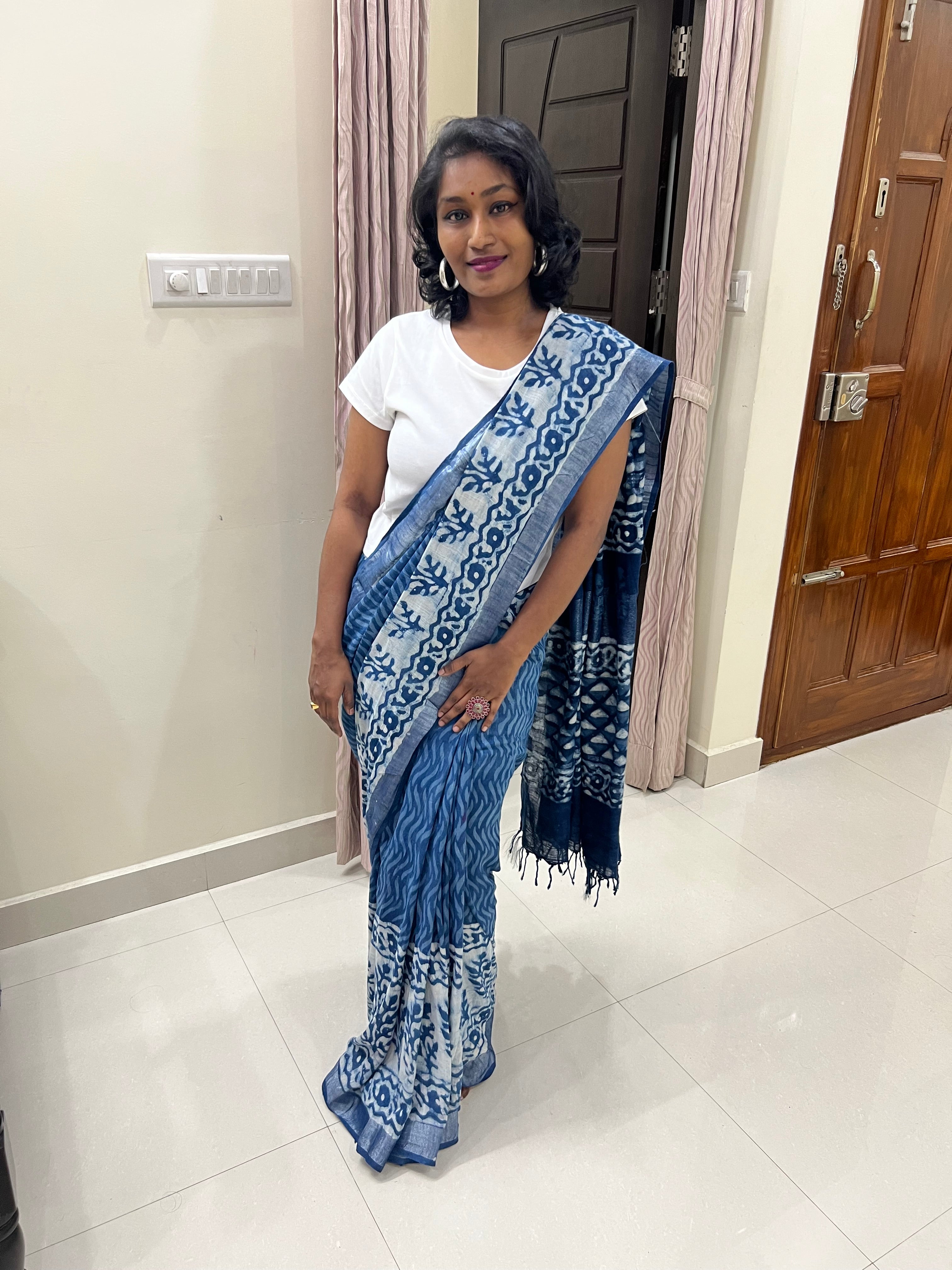 Indigo linen cotton saree