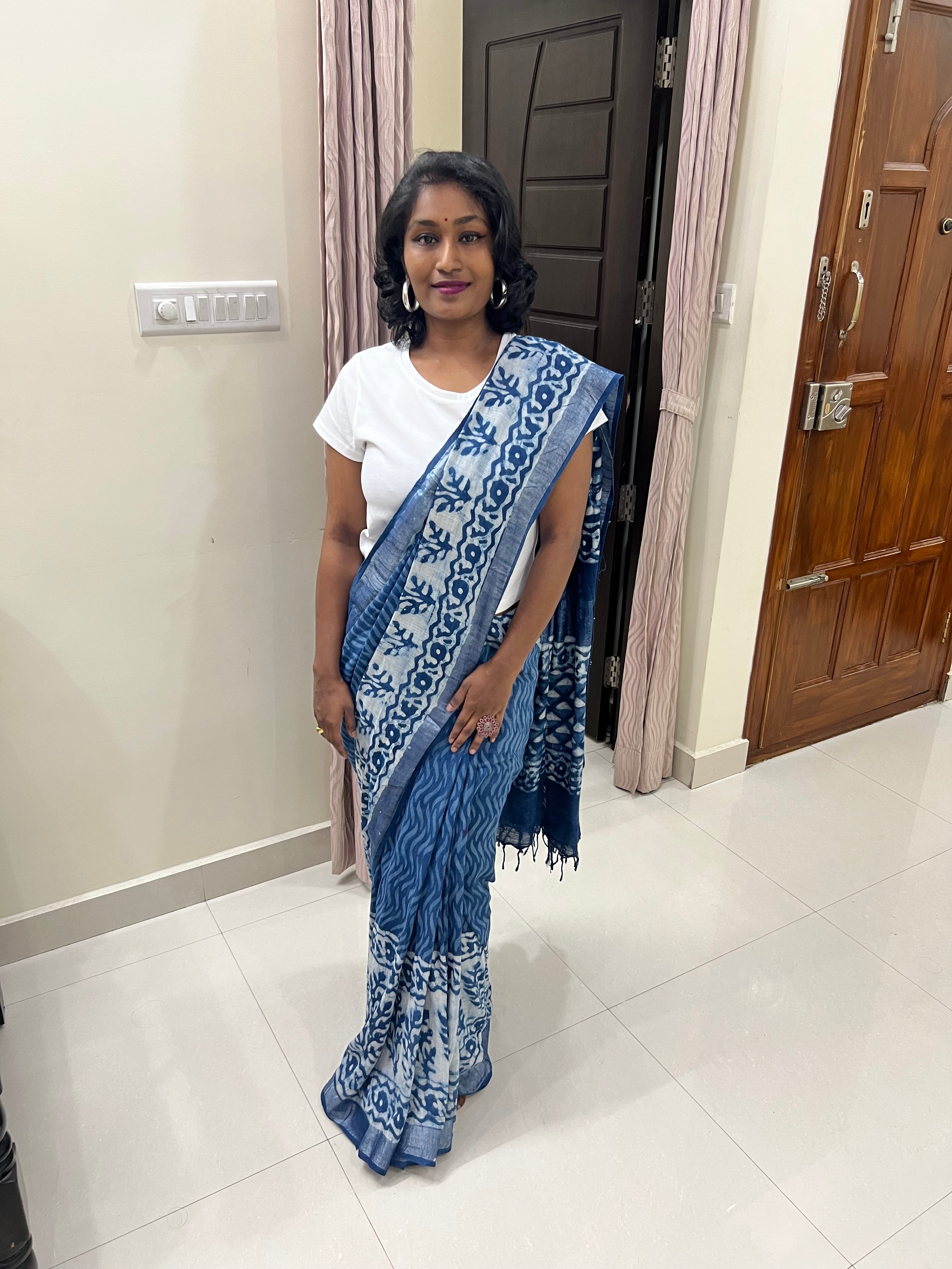 Indigo linen cotton saree
