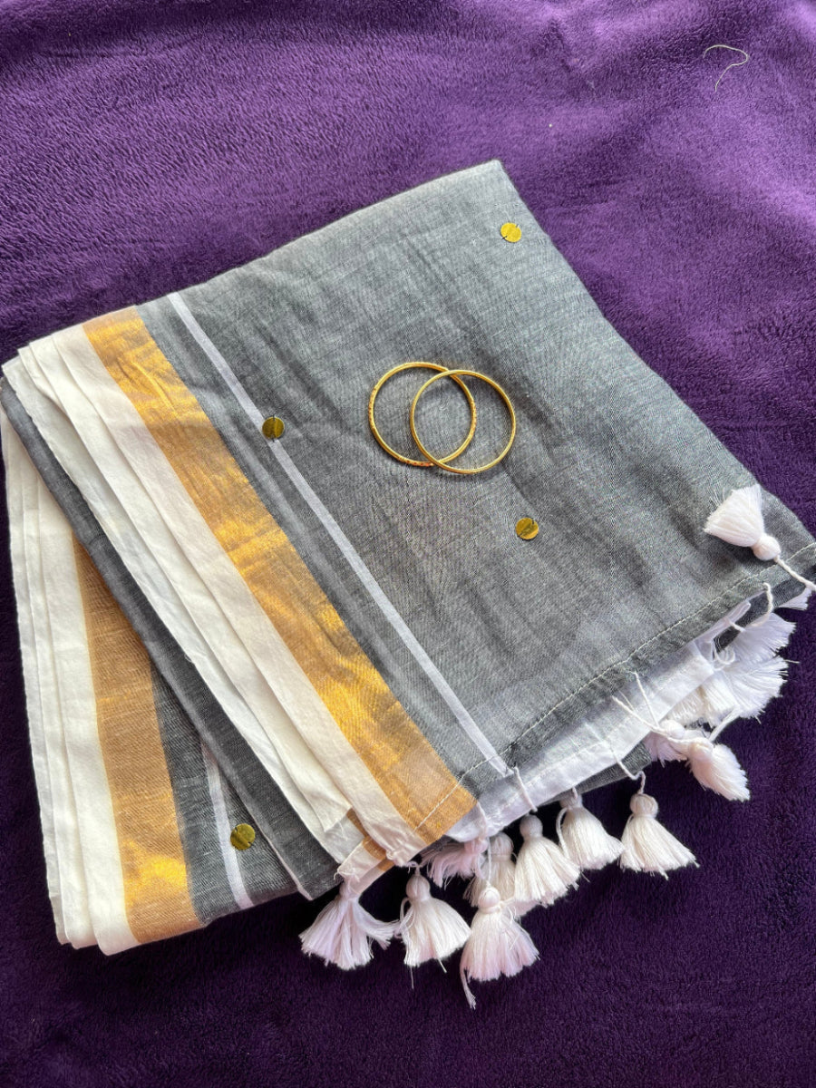 Half and half grey white ginni mul cotton saree with sequin work
