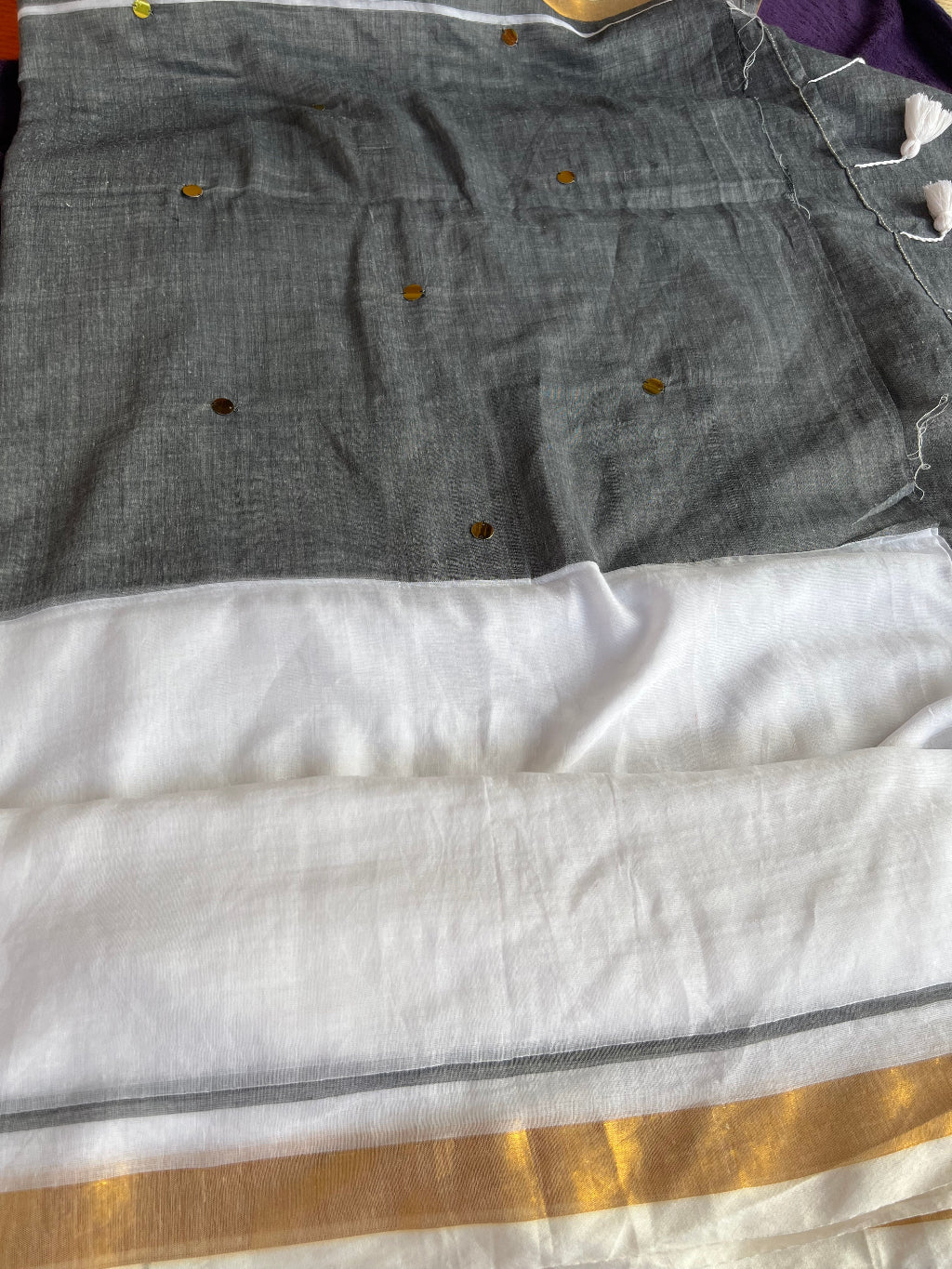 Half and half grey white ginni mul cotton saree with sequin work