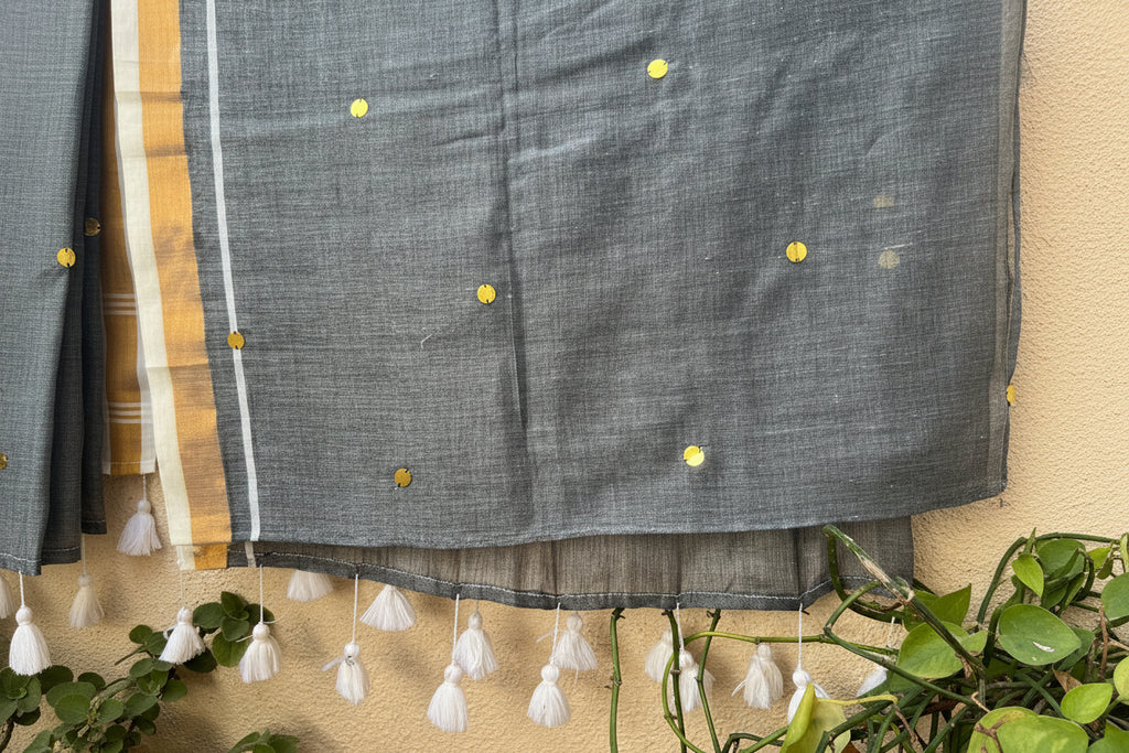 Half and half grey white ginni mul cotton saree with sequin work