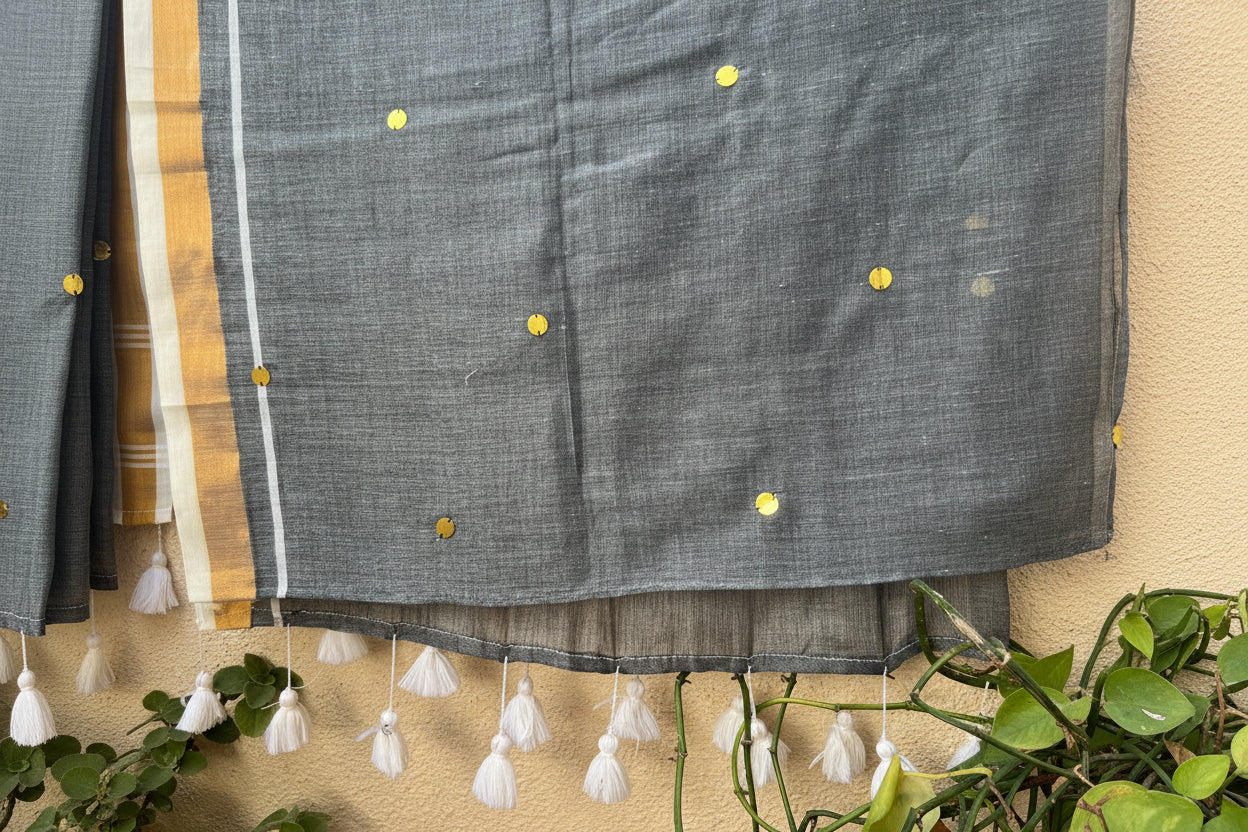 Half and half grey white ginni mul cotton saree with sequin work