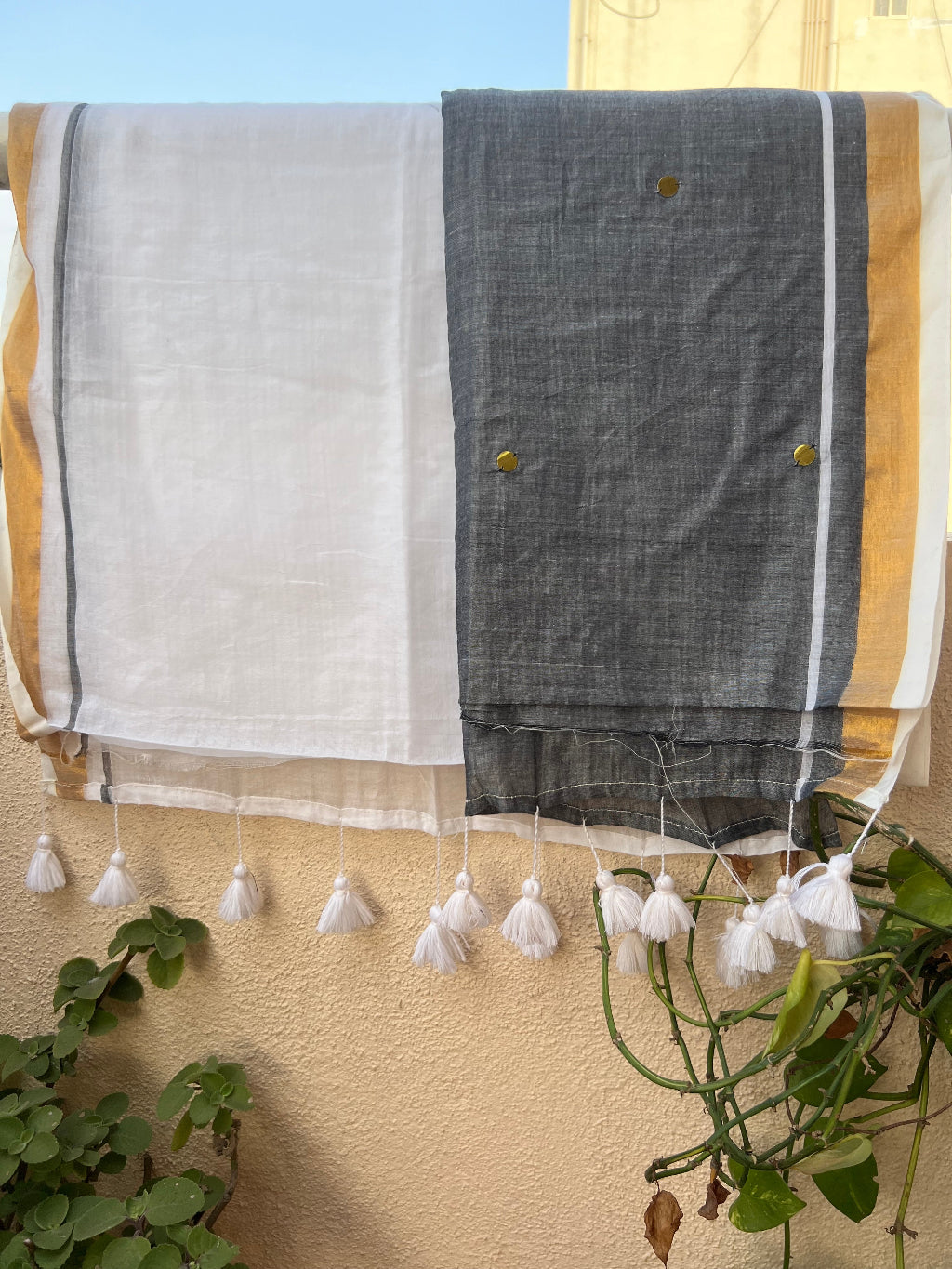 Half and half grey white ginni mul cotton saree with sequin work