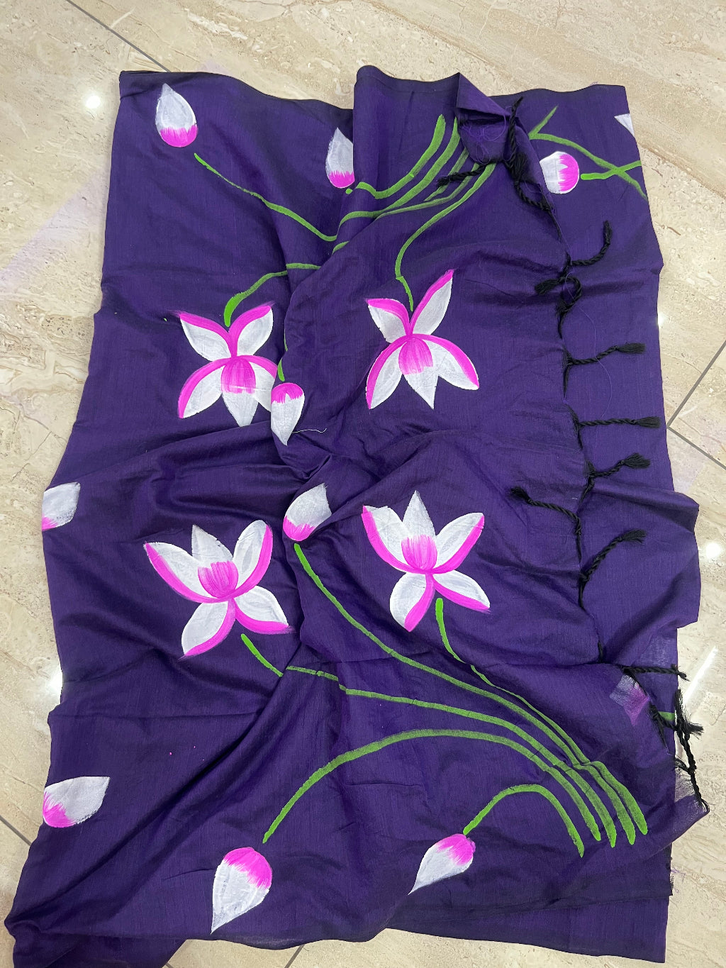 Hand painted purple mul cotton saree purple