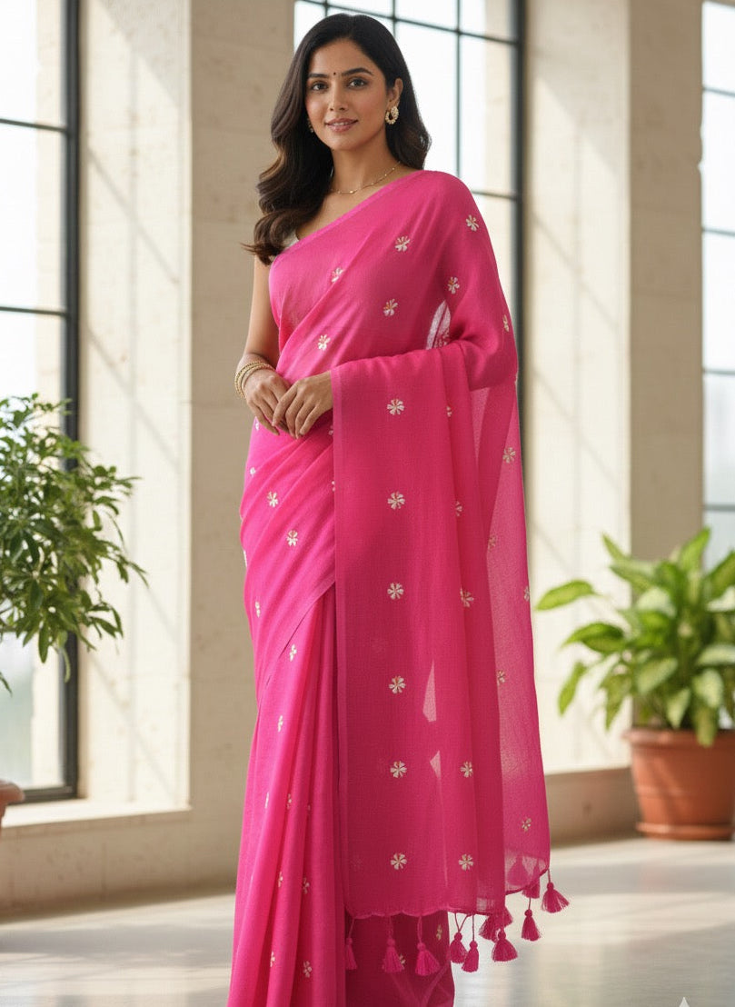 Embroidered mul cotton saree
