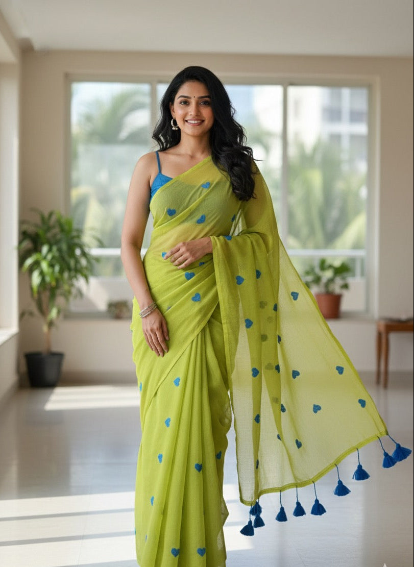 Rati's Whisper - Heart embroidered pure mul cotton saree