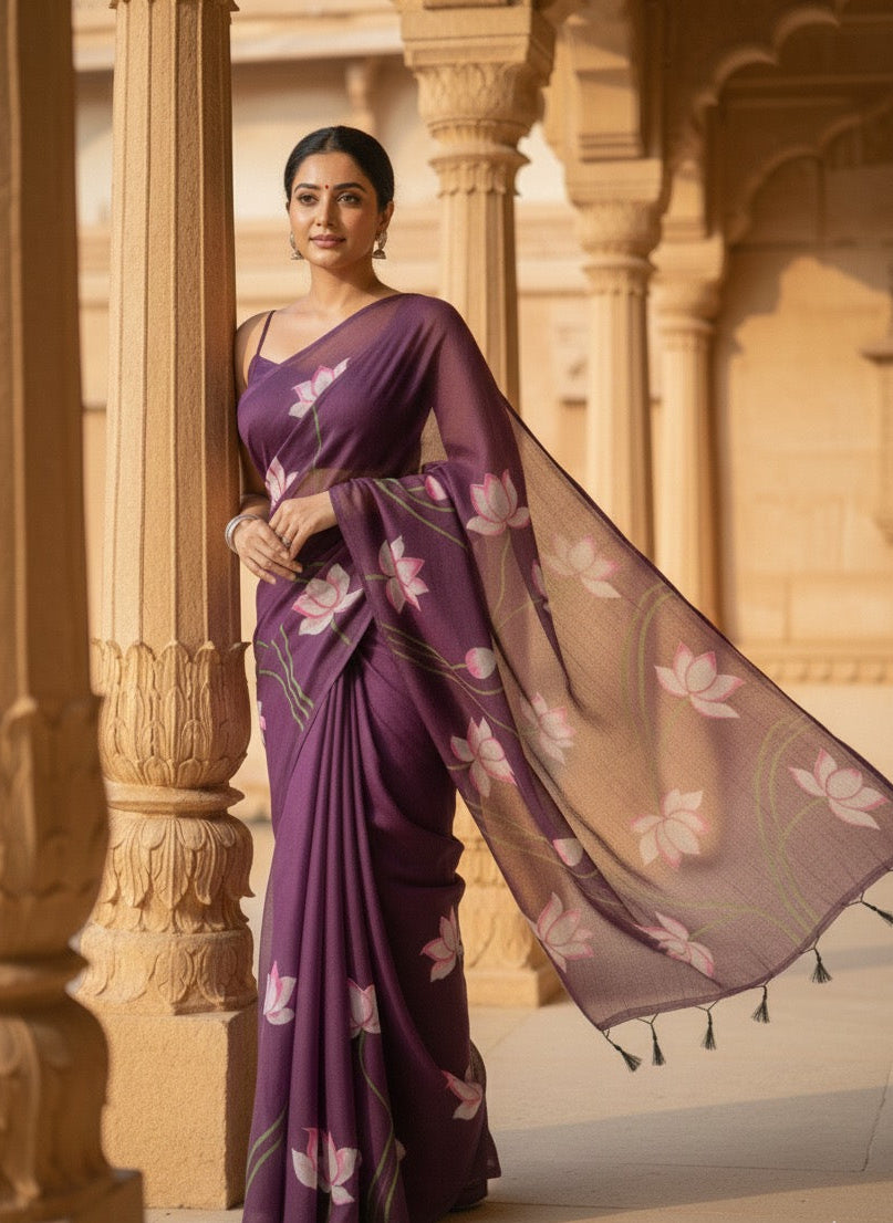 Hand painted purple mul cotton saree purple