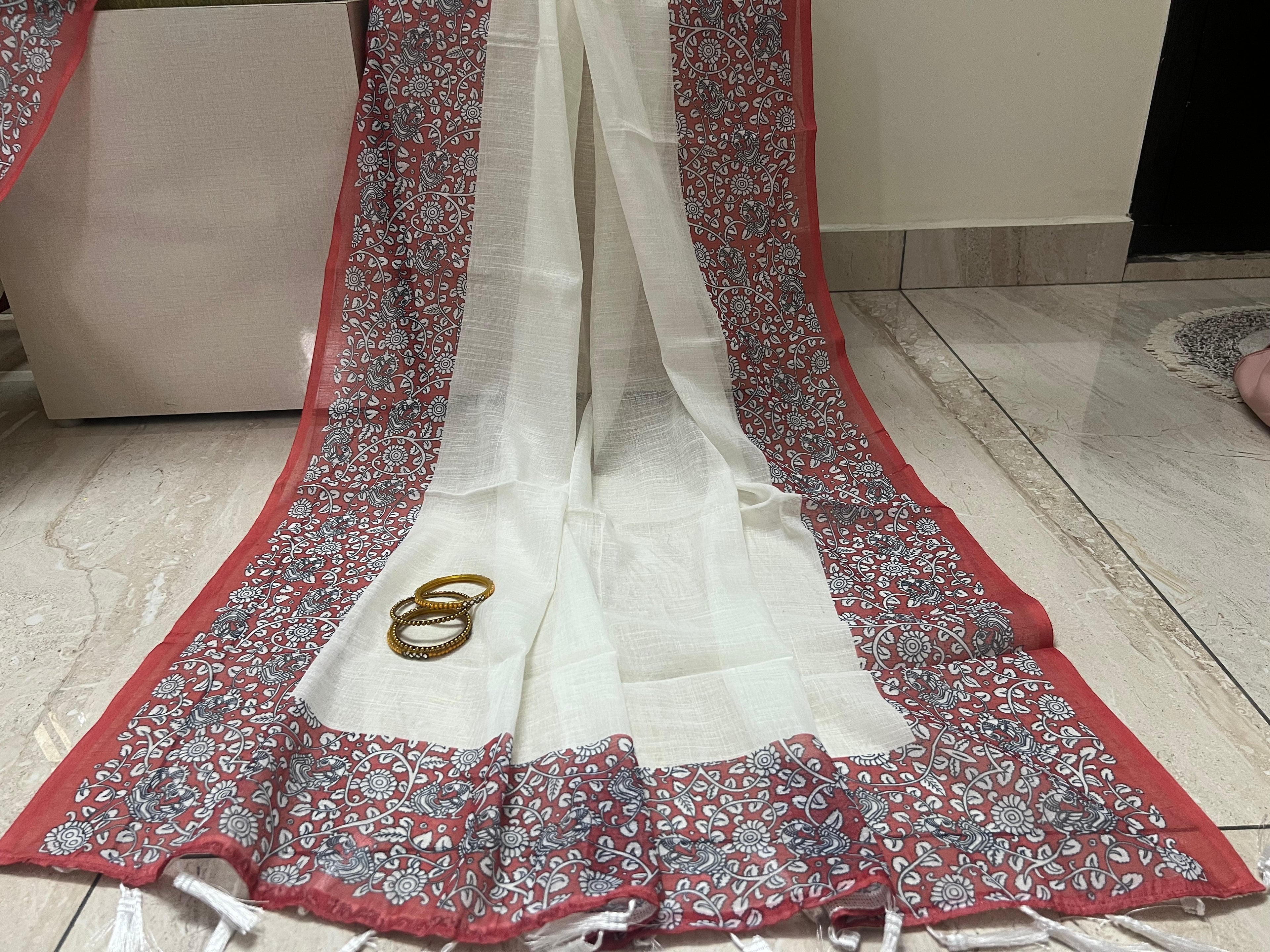 Kalamkari printed linen saree