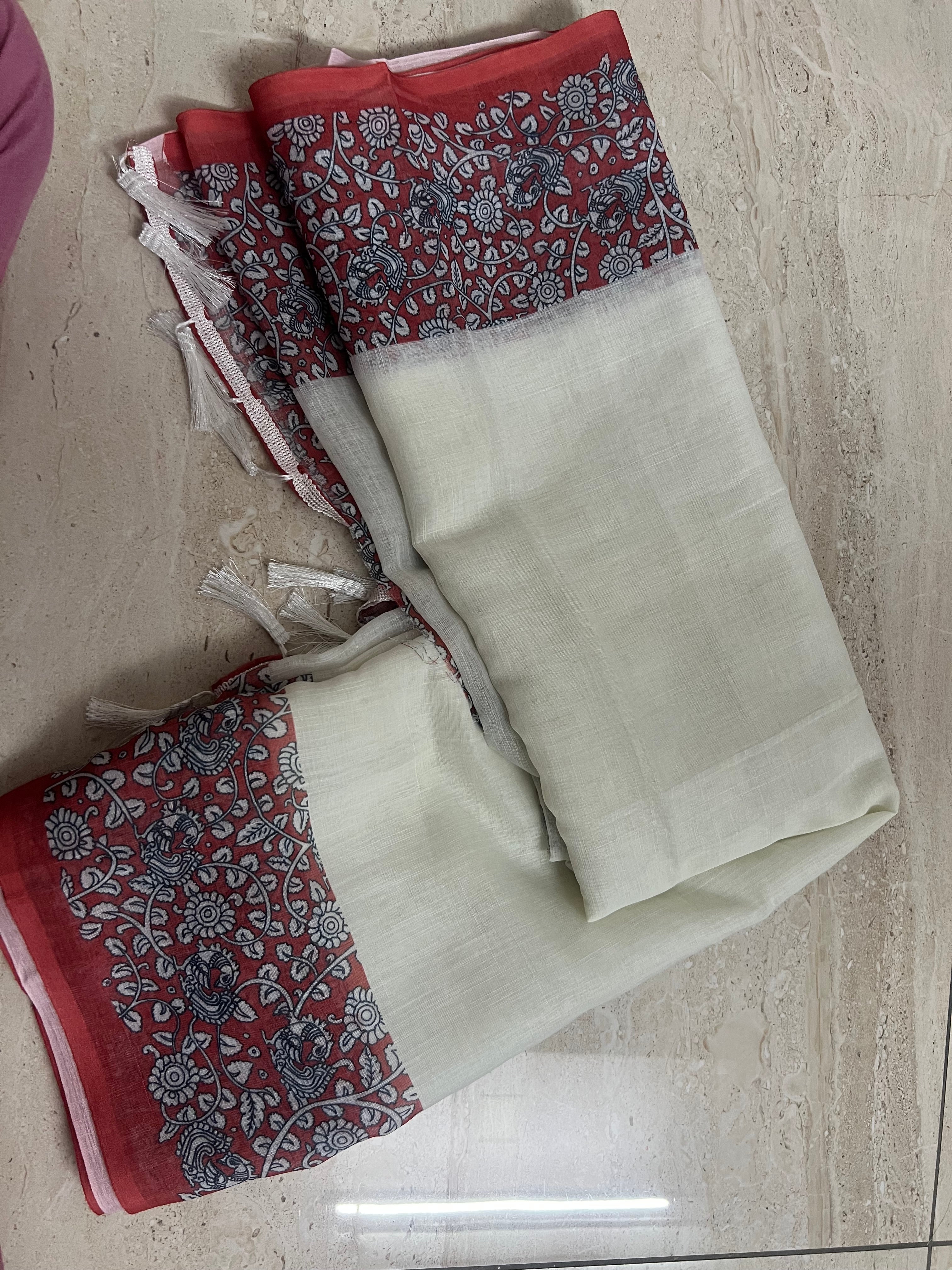Kalamkari printed linen saree