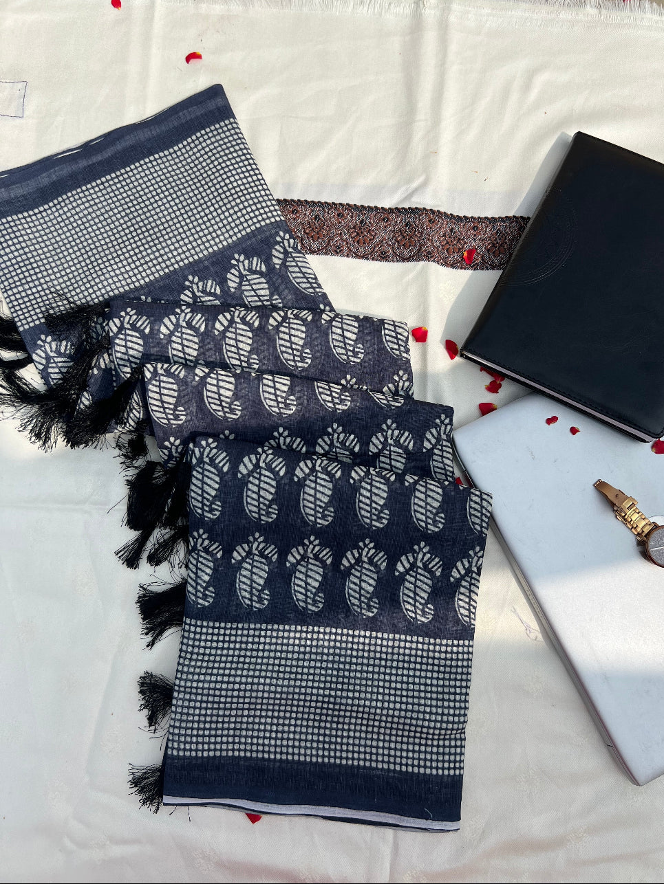 Mango leaf motif blue linen saree