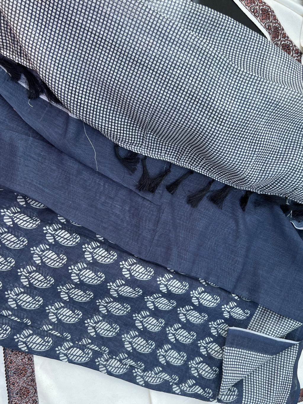 Mango leaf motif blue linen saree