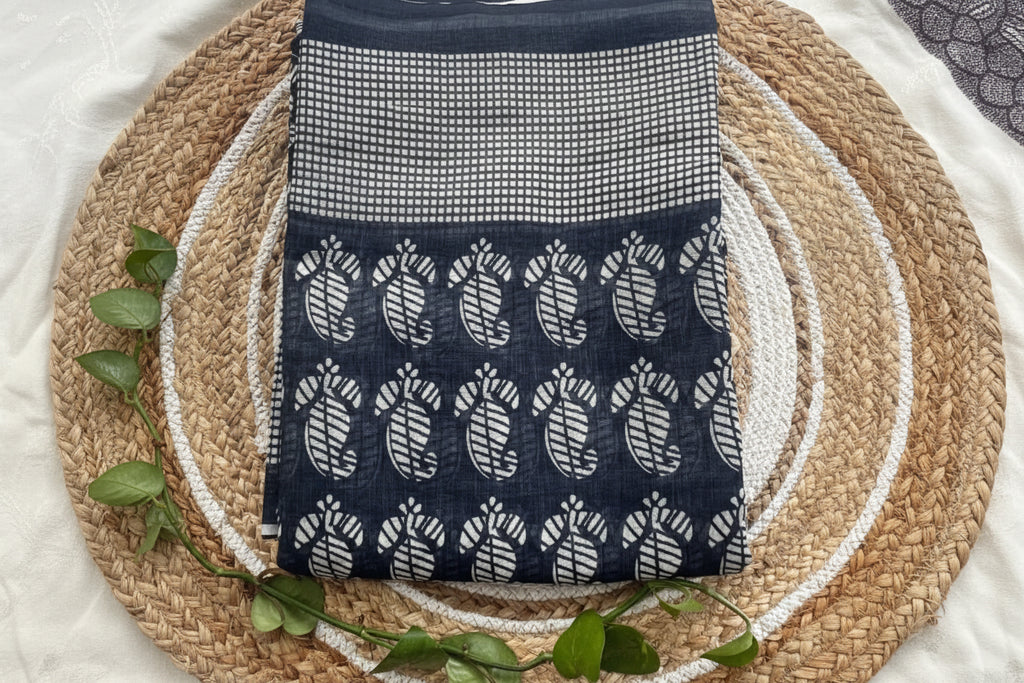 Mango leaf motif blue linen saree