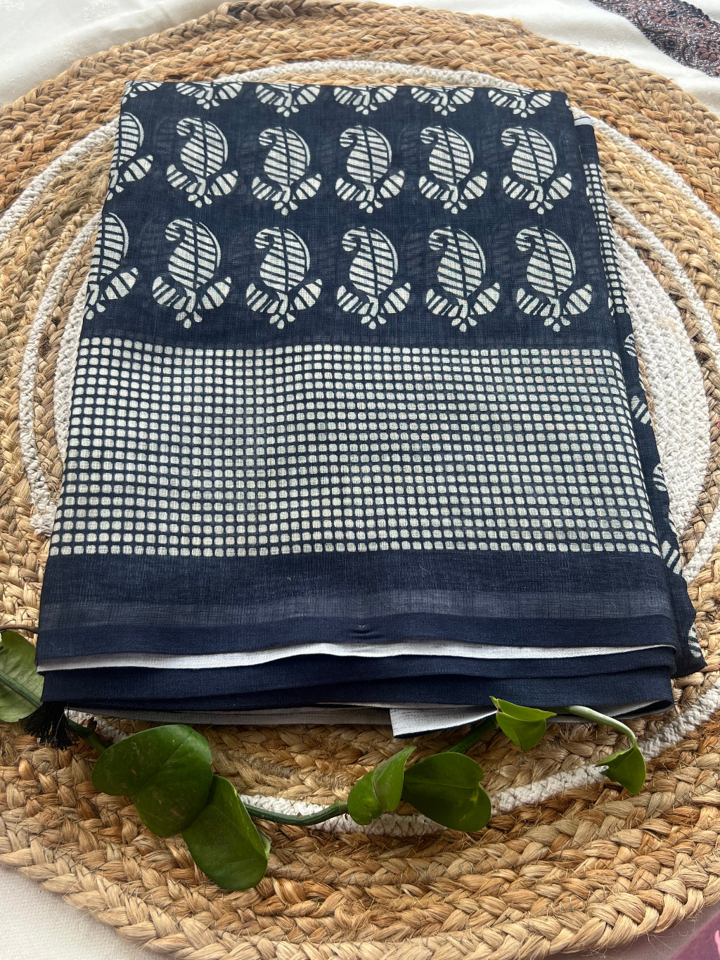 Mango leaf motif blue linen saree