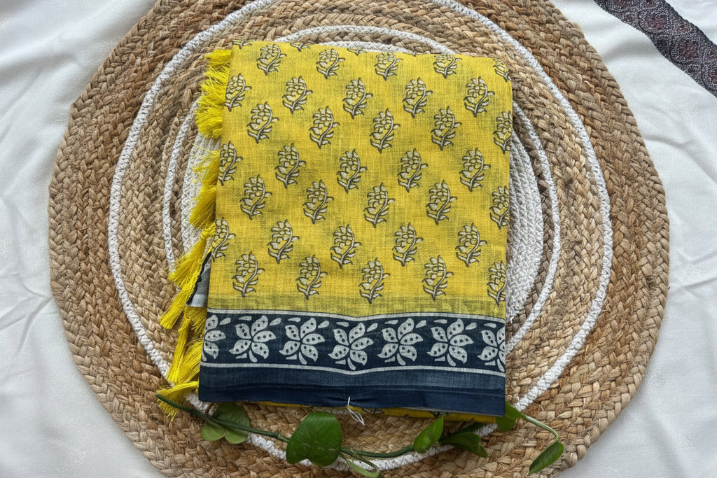 Yellow flower print linen sarees