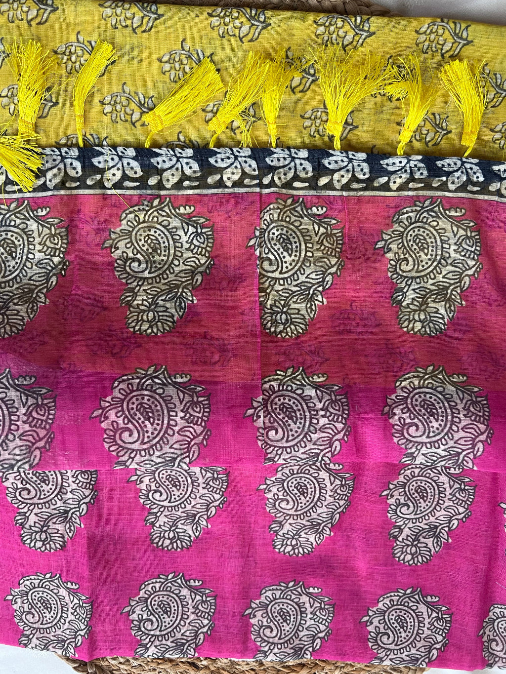 Yellow flower print linen sarees
