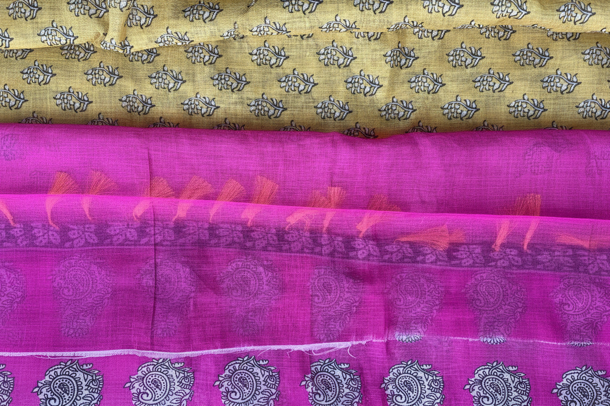 Yellow flower print linen sarees