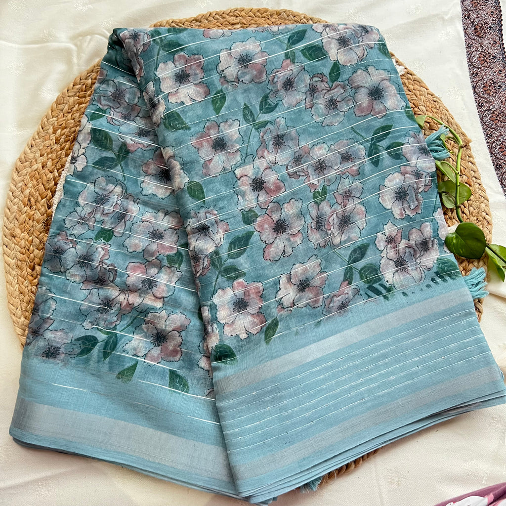 Sea green linen by cotton sarees