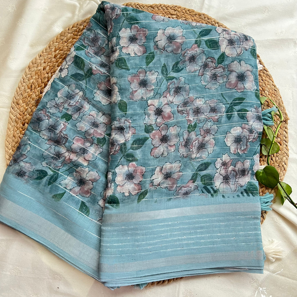 Sea green linen by cotton sarees