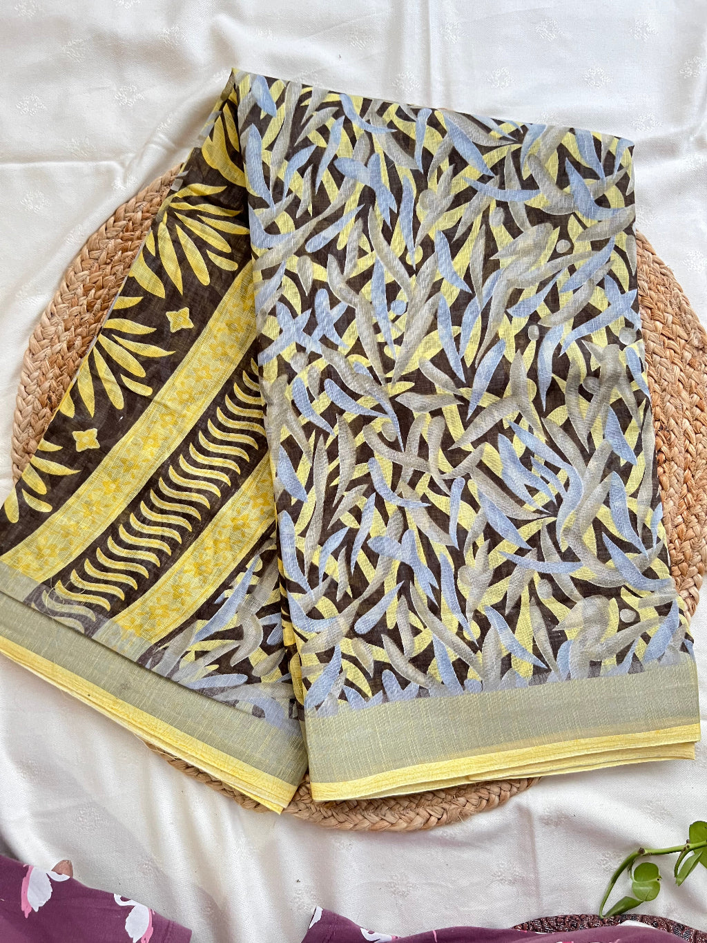 Yellow tiger print linen by cotton saree
