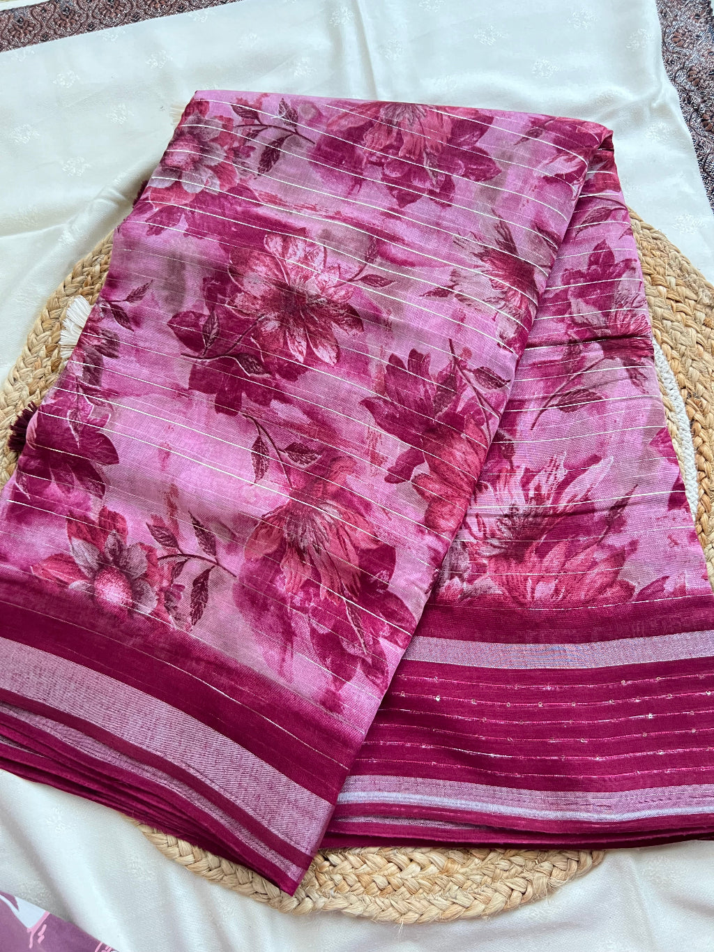 Magenta pink linen by cotton saree