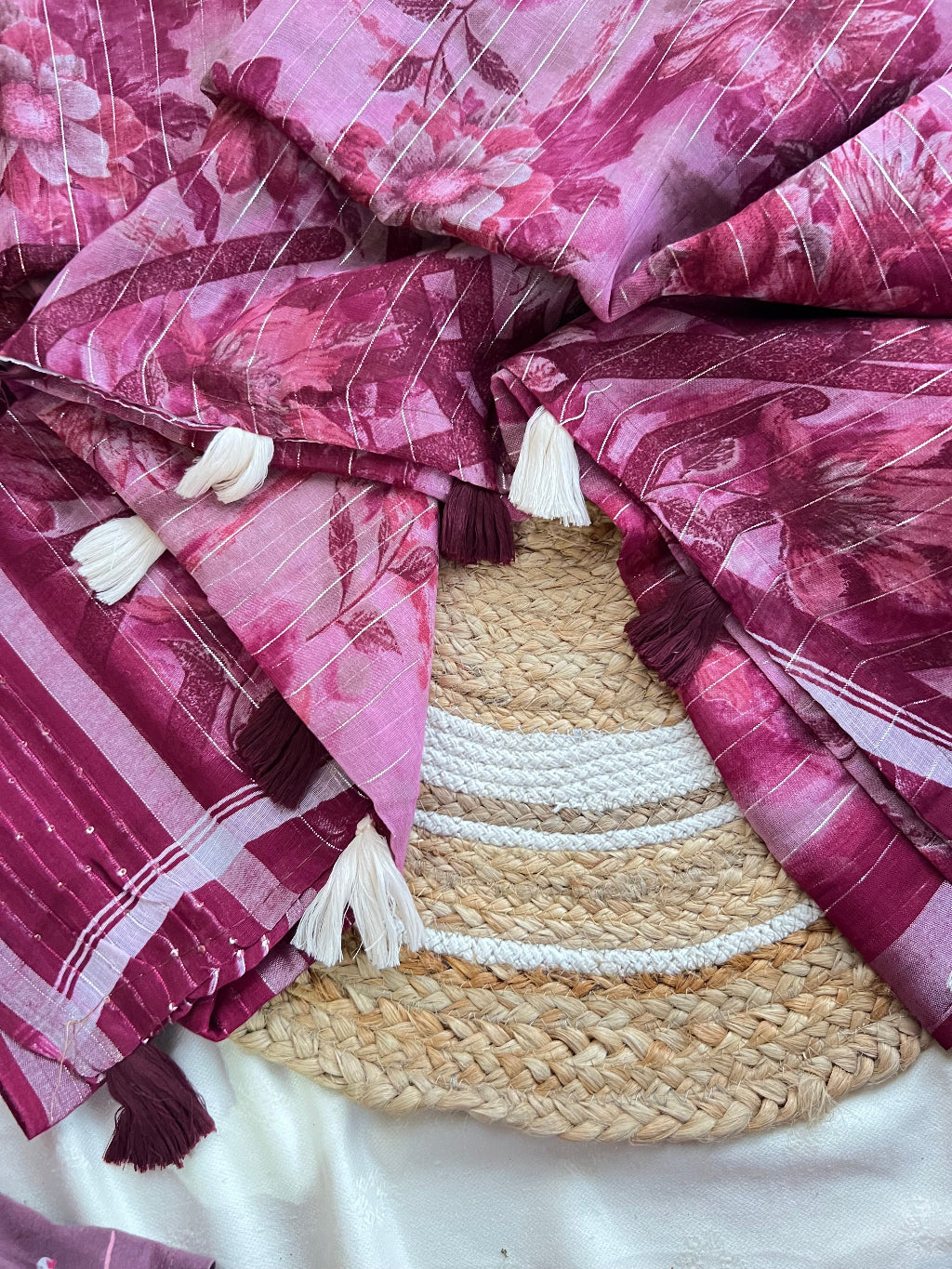 Magenta pink linen by cotton saree