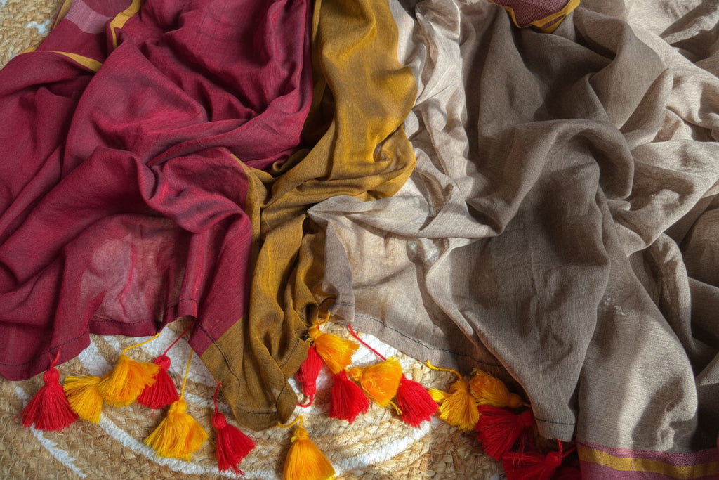 Mustard Musings - Three tone mul cotton saree