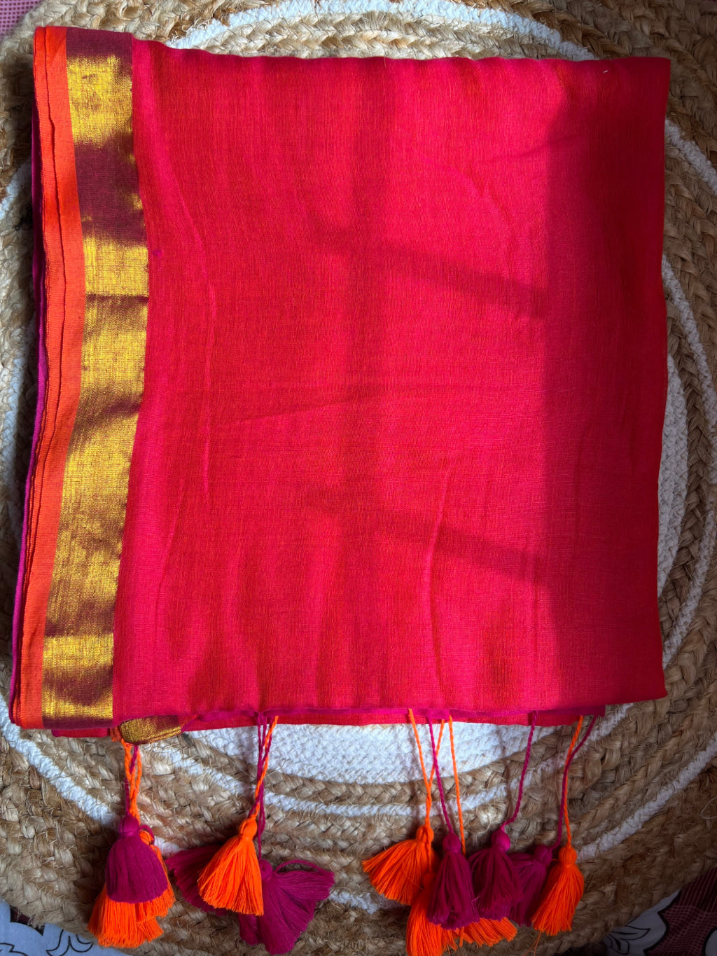 Half Orange and Half pink mul cotton saree