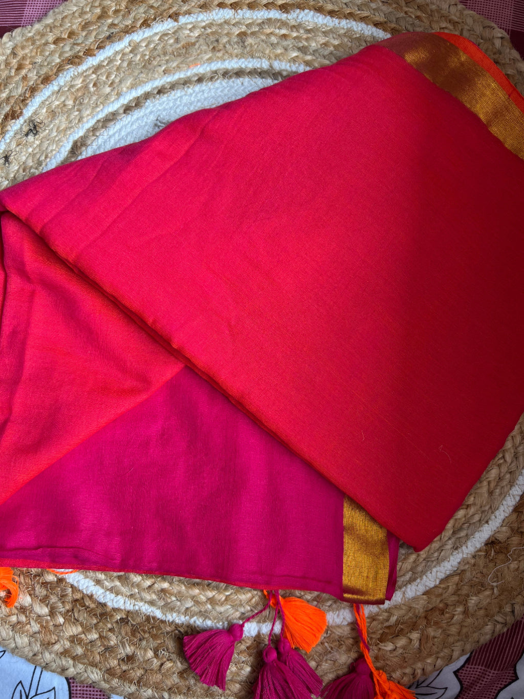Half Orange and Half pink mul cotton saree