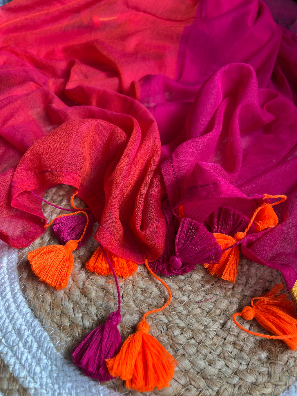 Half Orange and Half pink mul cotton saree