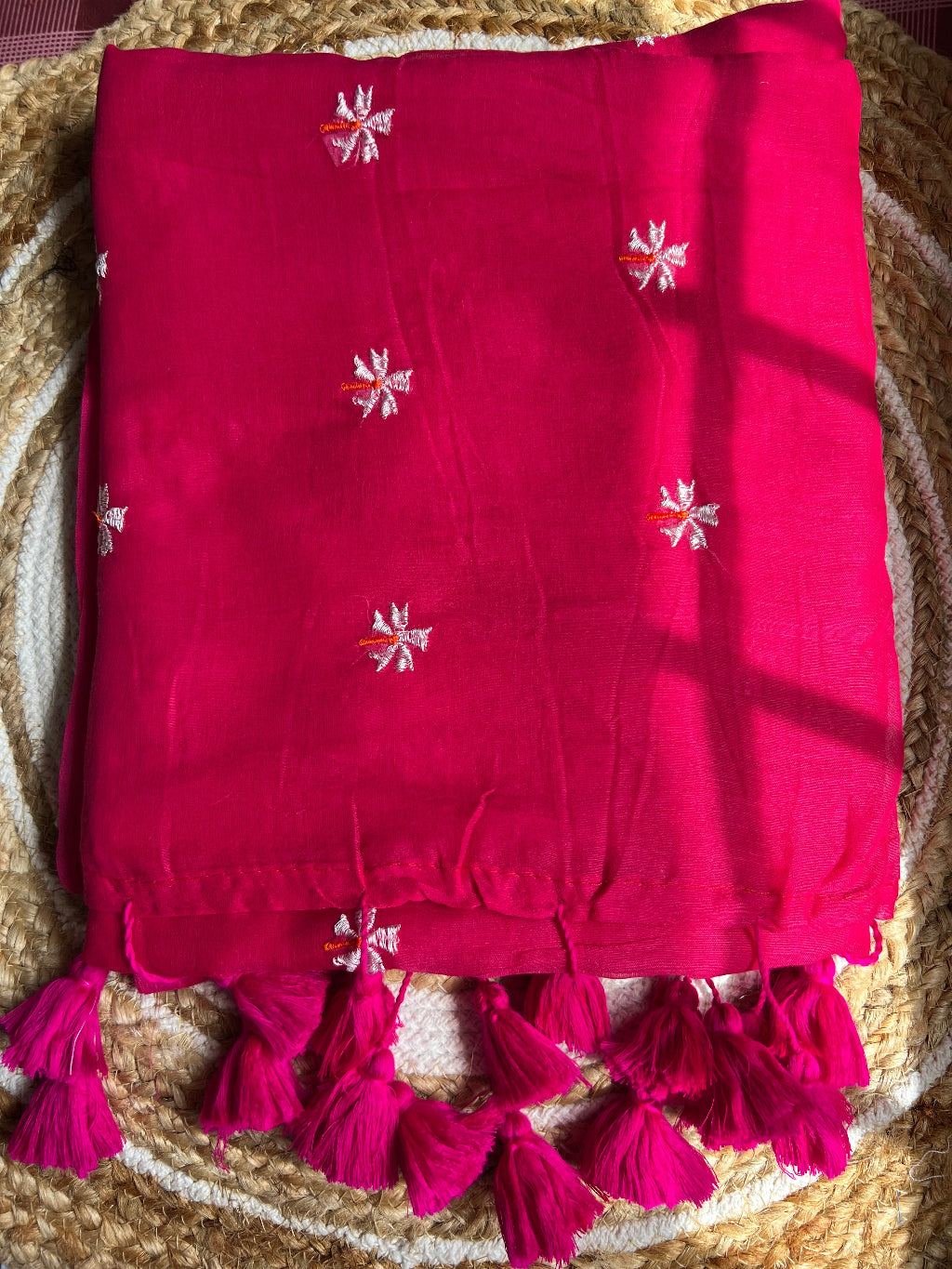 Pink embroidery mul cotton saree