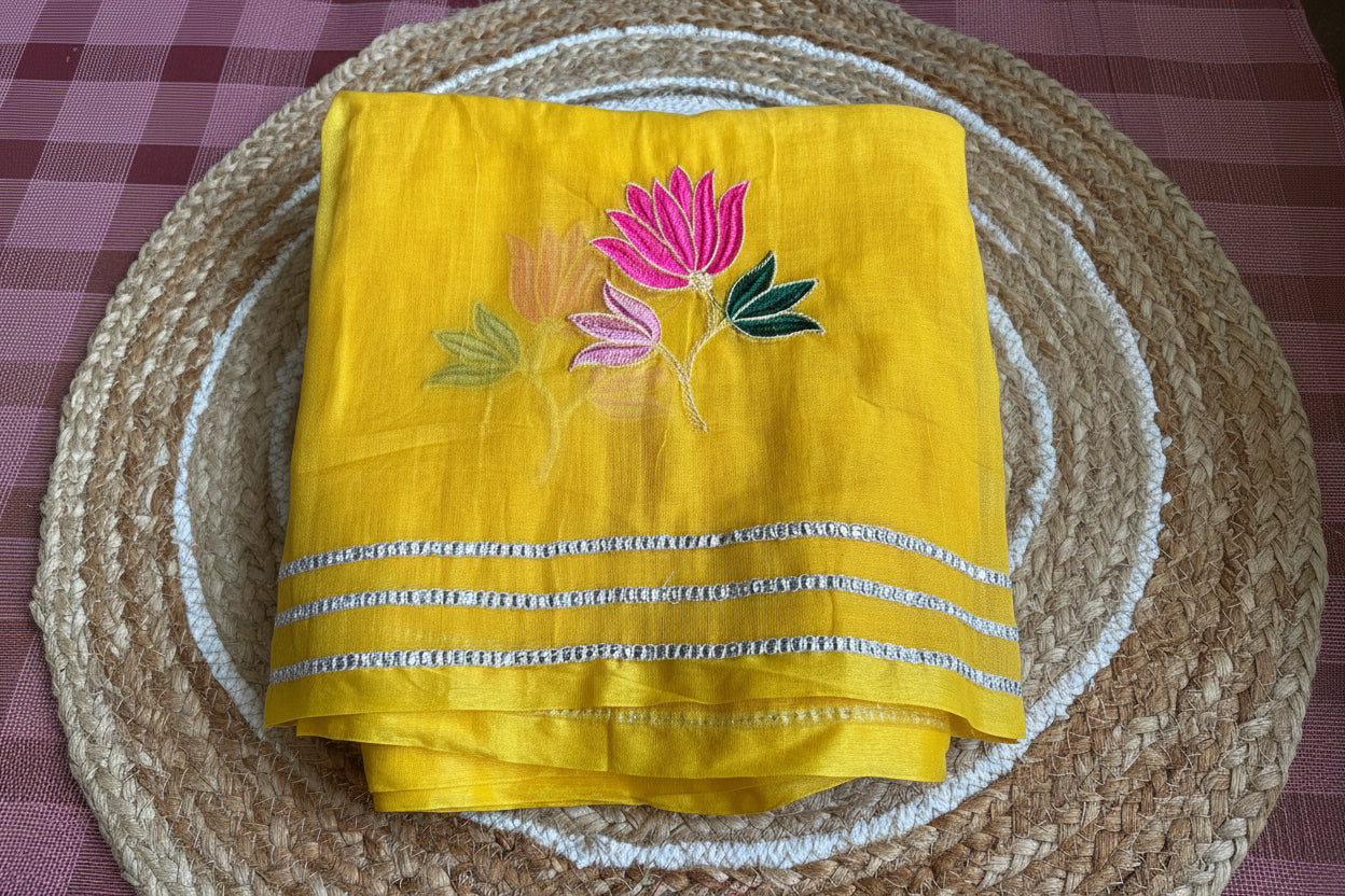 Yellow lotus flower embroidery mul cotton saree