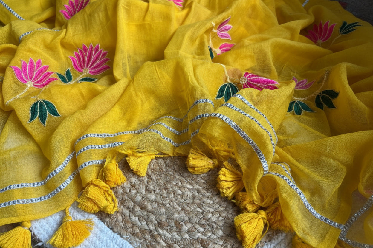 Yellow lotus flower embroidery mul cotton saree