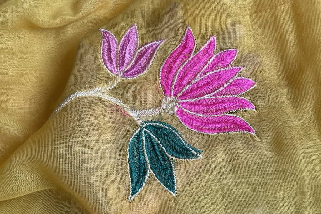 Yellow lotus flower embroidery mul cotton saree