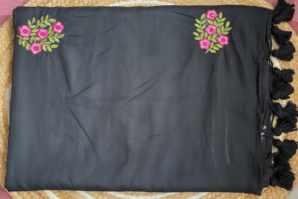 Black flower embroidered mul cotton saree