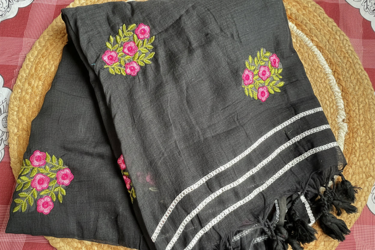 Black flower embroidered mul cotton saree