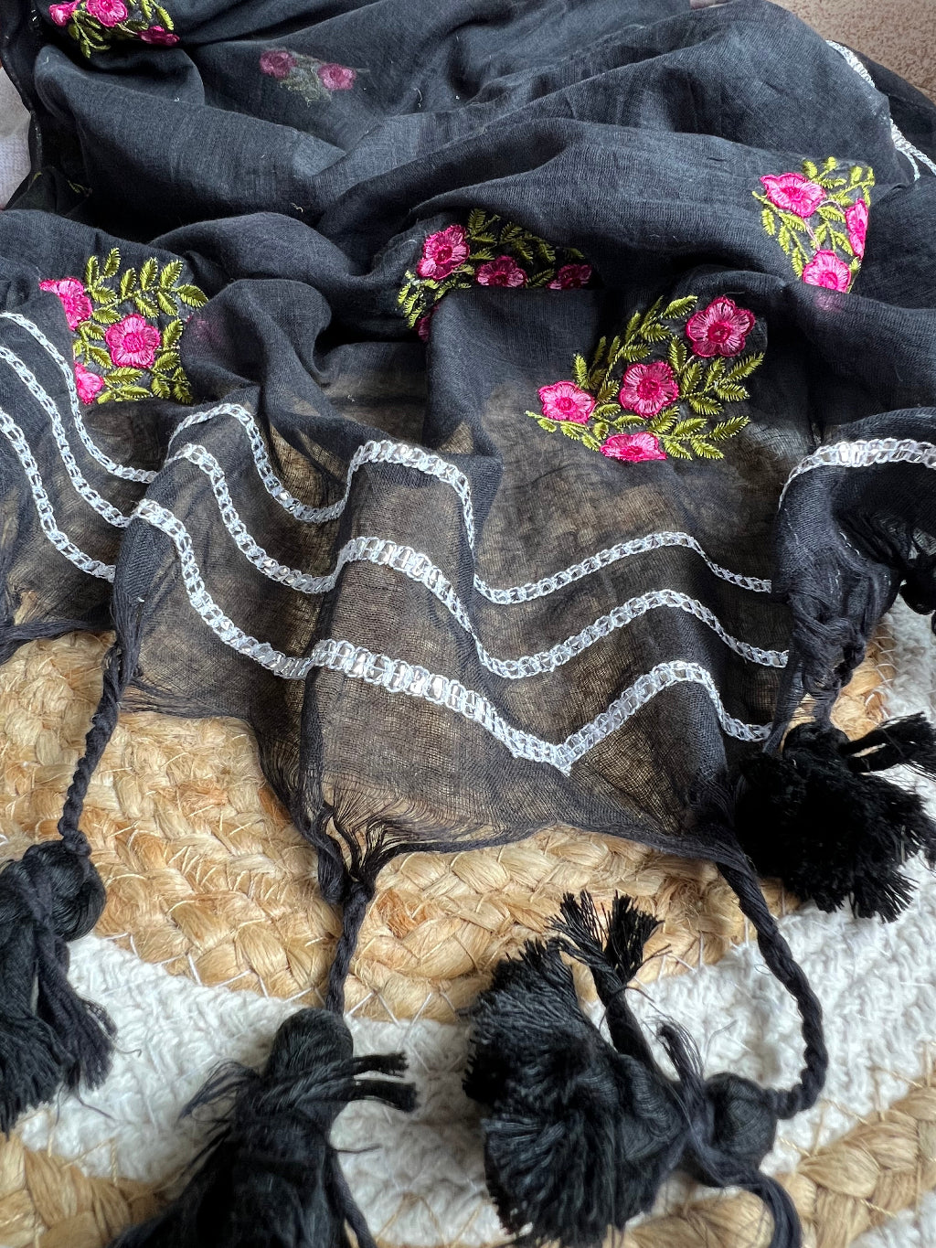 Black flower embroidered mul cotton saree