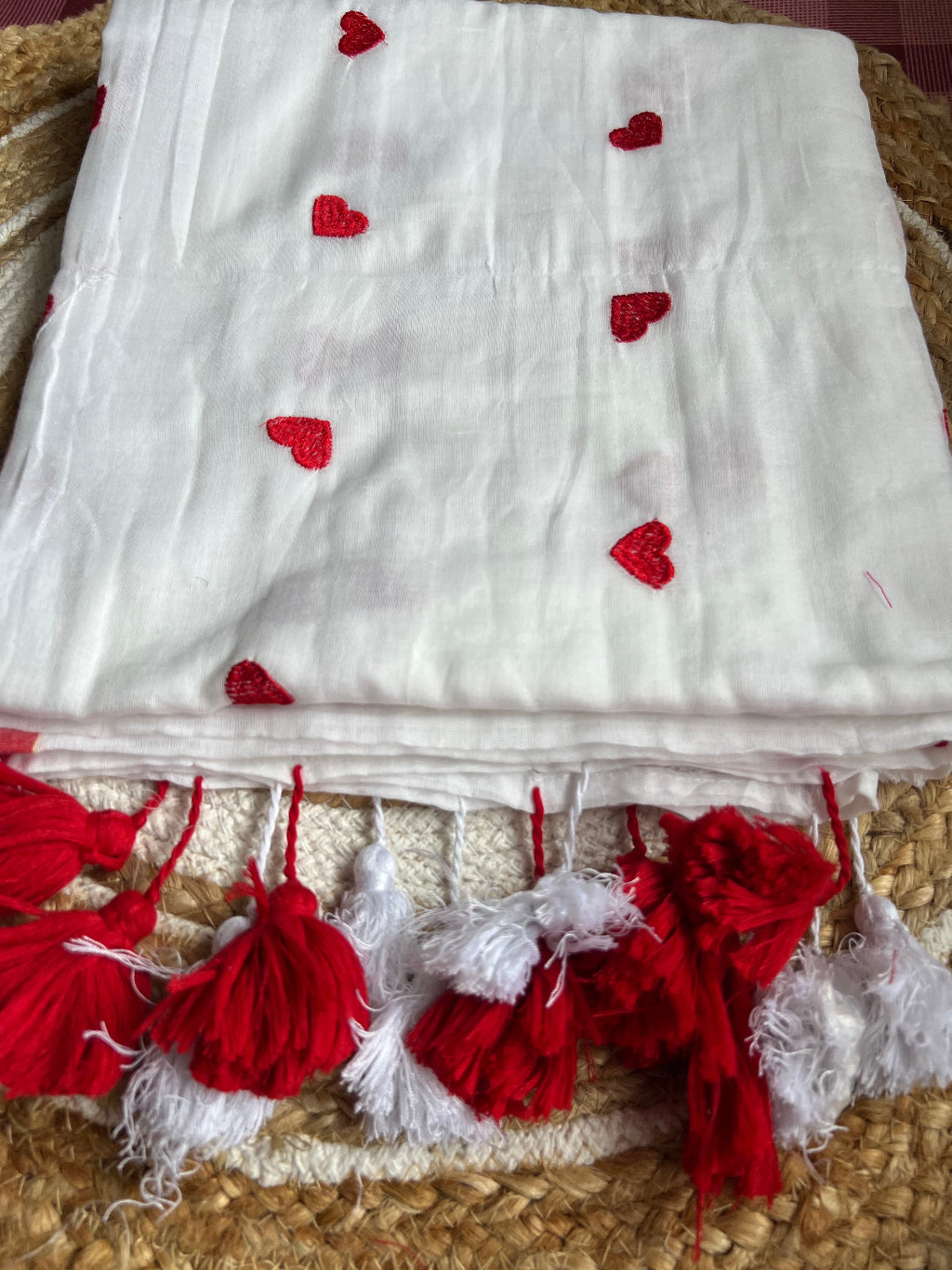 Heart embroidered mul cotton saree