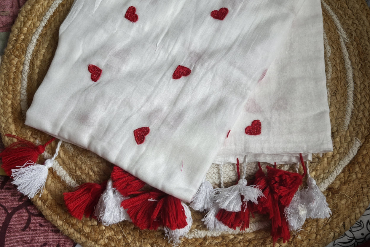Heart embroidered mul cotton saree