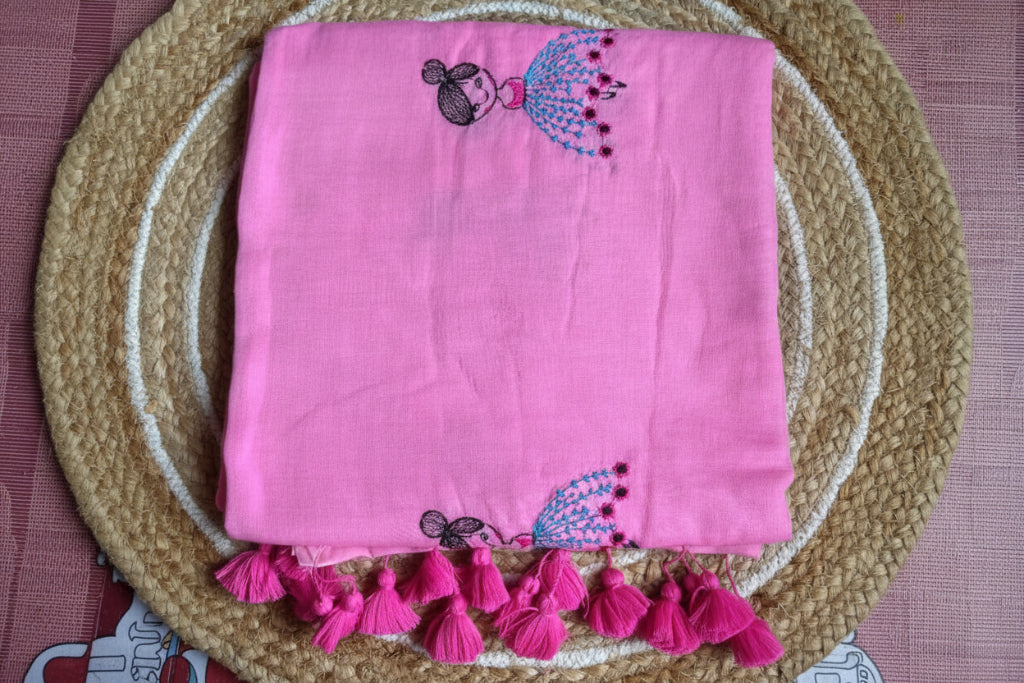 Pink doll embroidered mul cotton saree