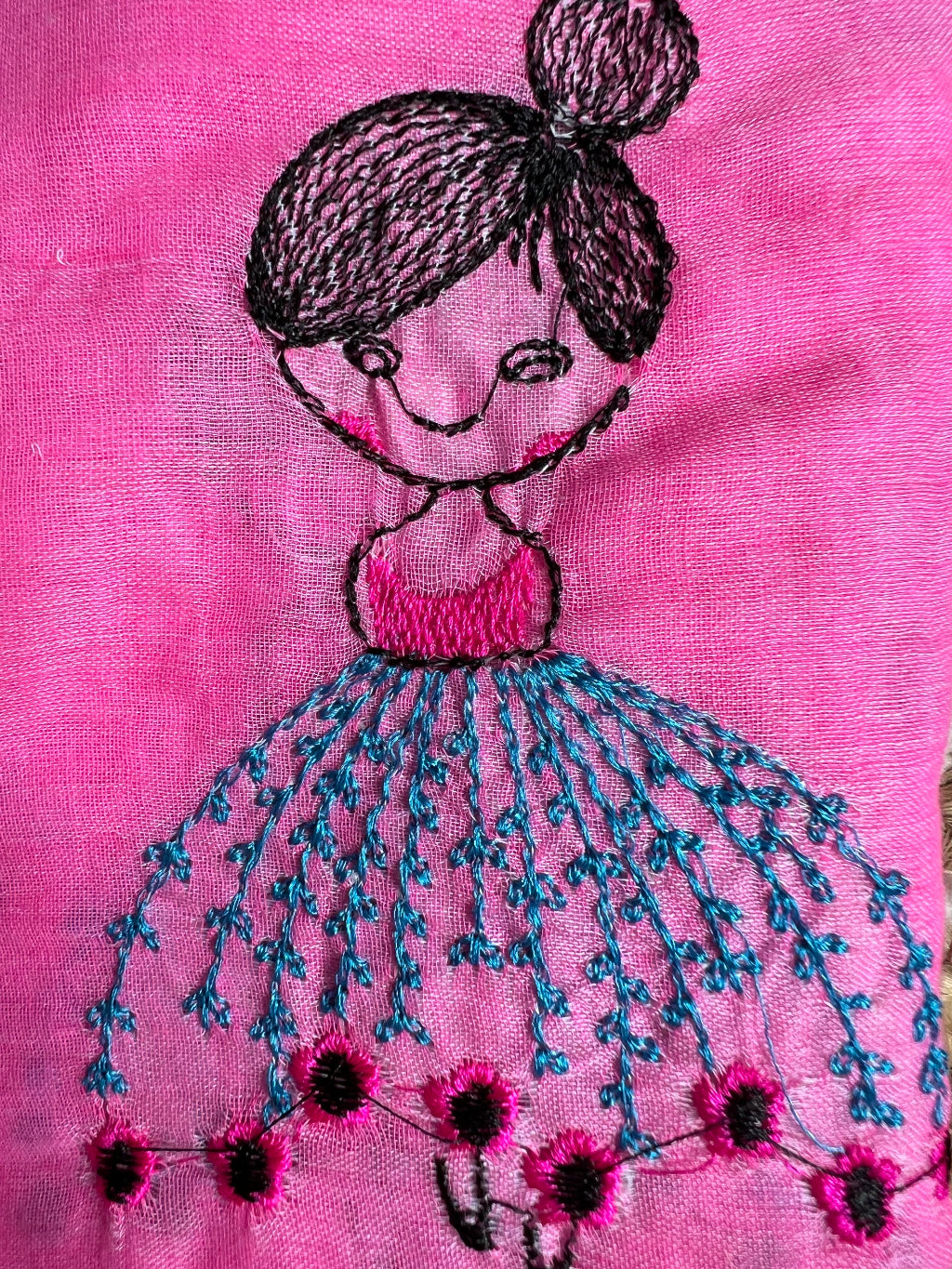 Pink doll embroidered mul cotton saree