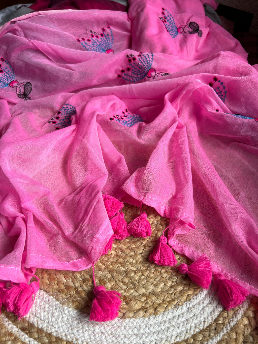 Pink doll embroidered mul cotton saree