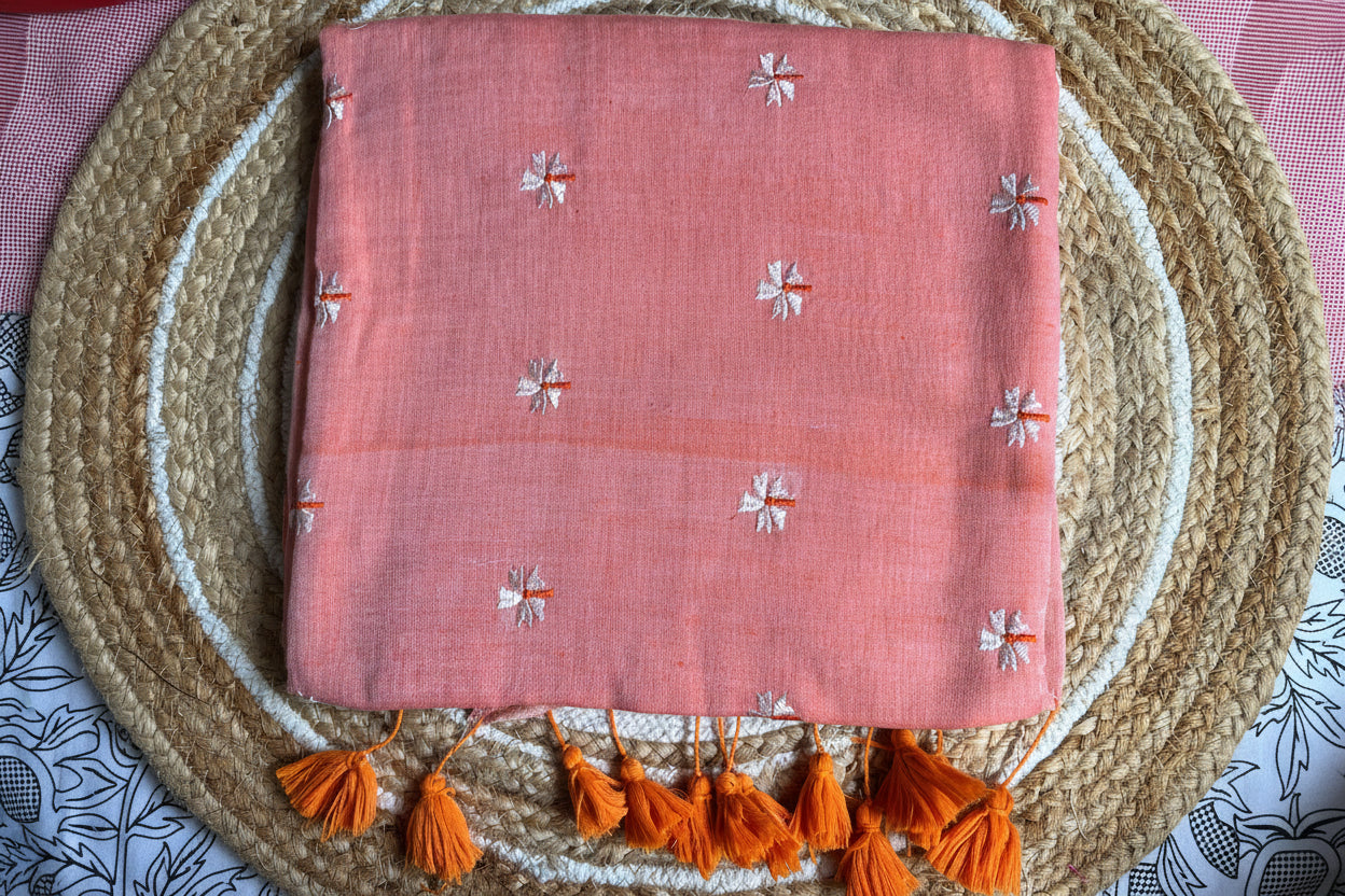 Light Orange flower embroidery saree