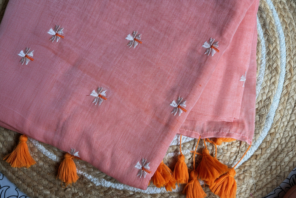 Light Orange flower embroidery saree