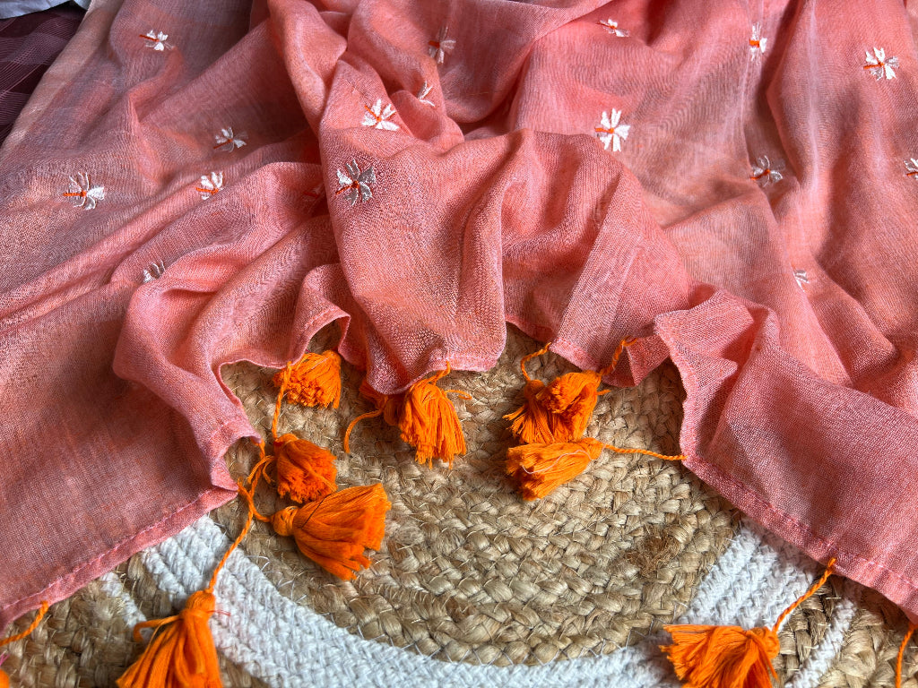 Light Orange flower embroidery saree