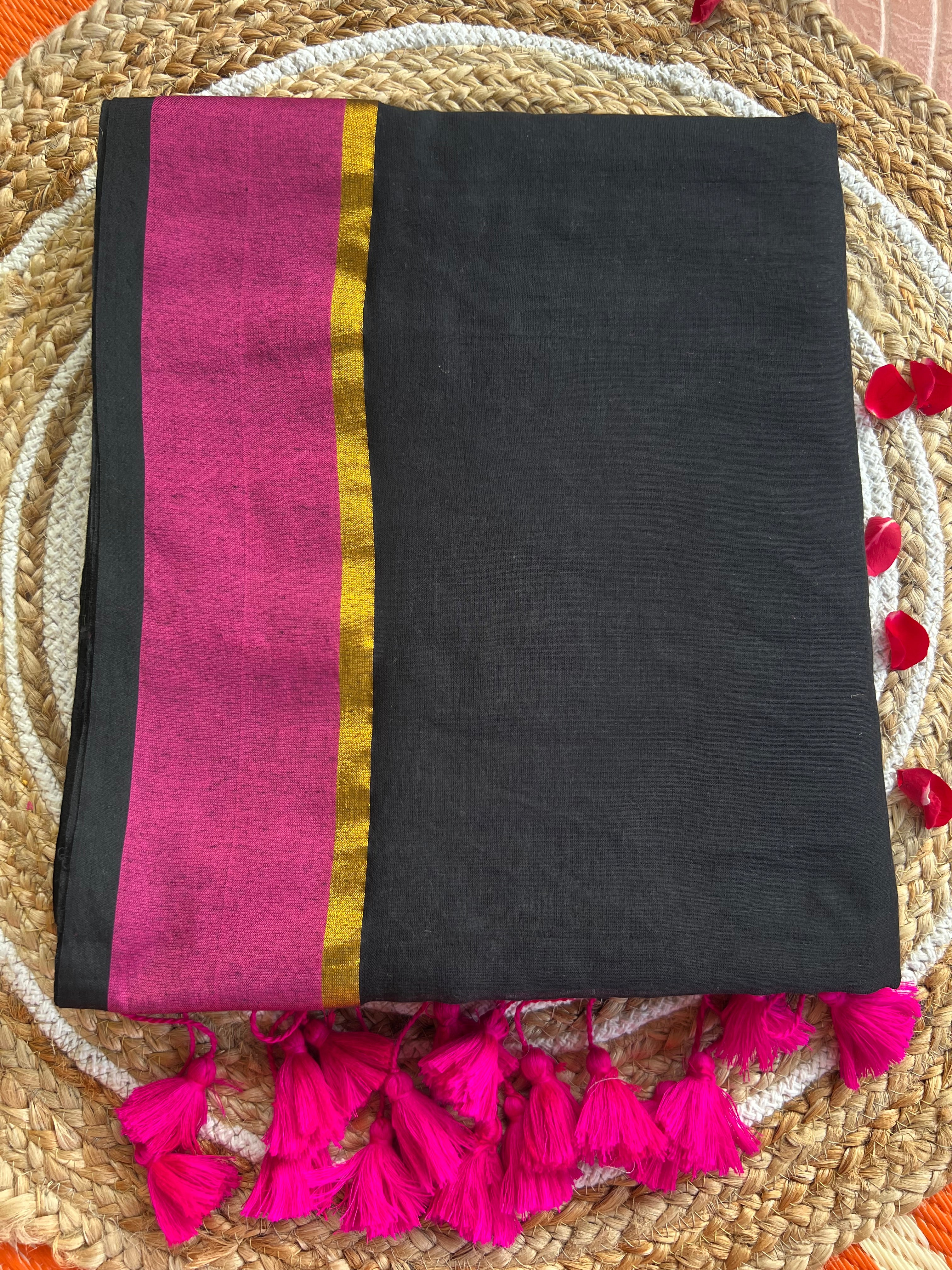 Sharvari - Black with pink border mul cotton saree