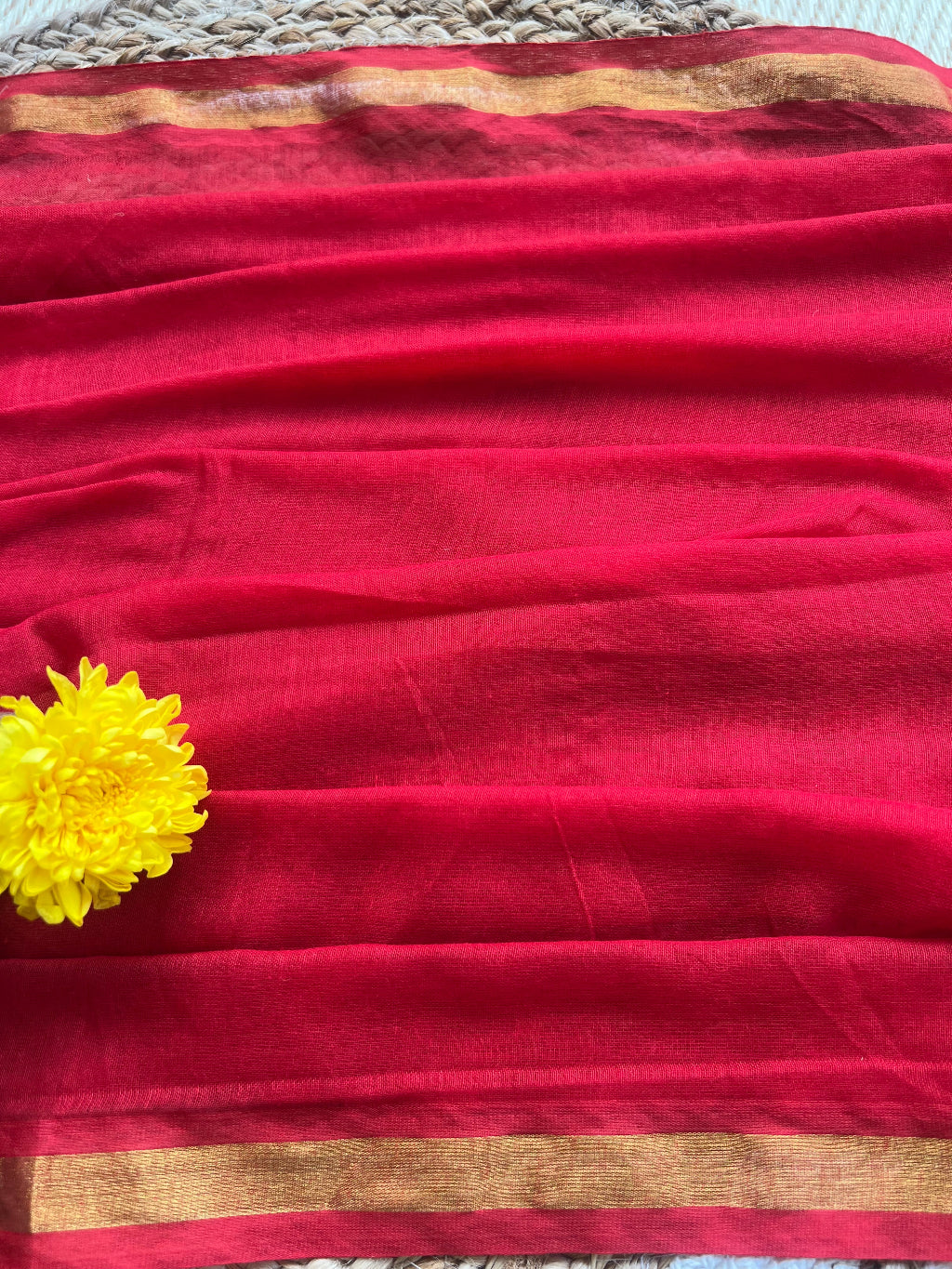 Vintage vermillion - Red mul cotton saree with golden borders