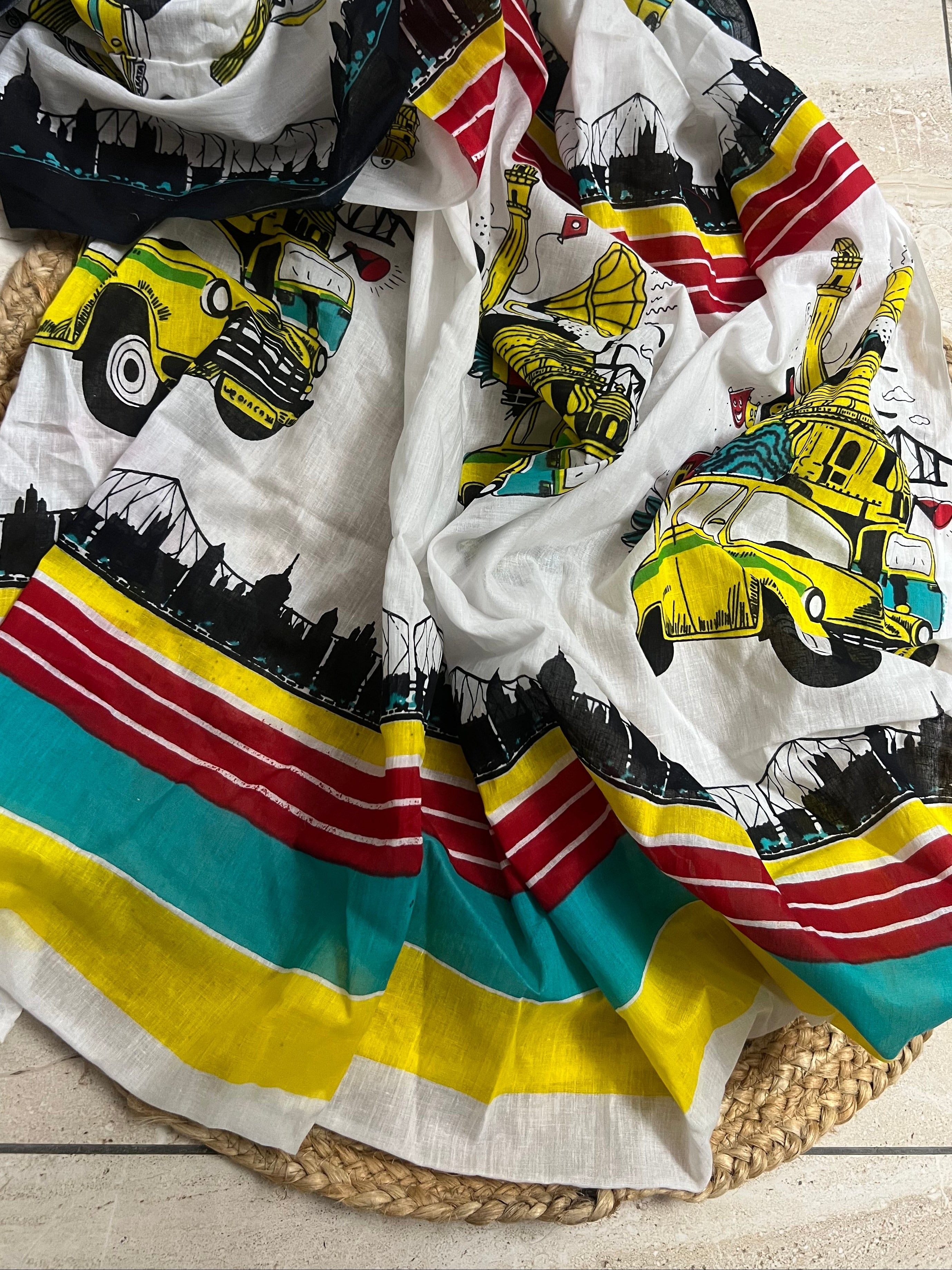 Car motif - Quirky print mul cotton saree